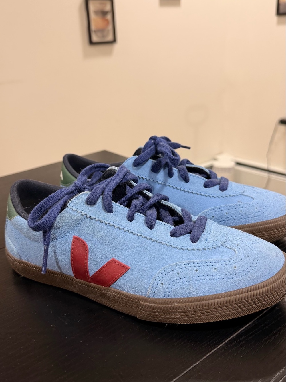 Veja Kids Light Blue Suede Sneakers with Red V